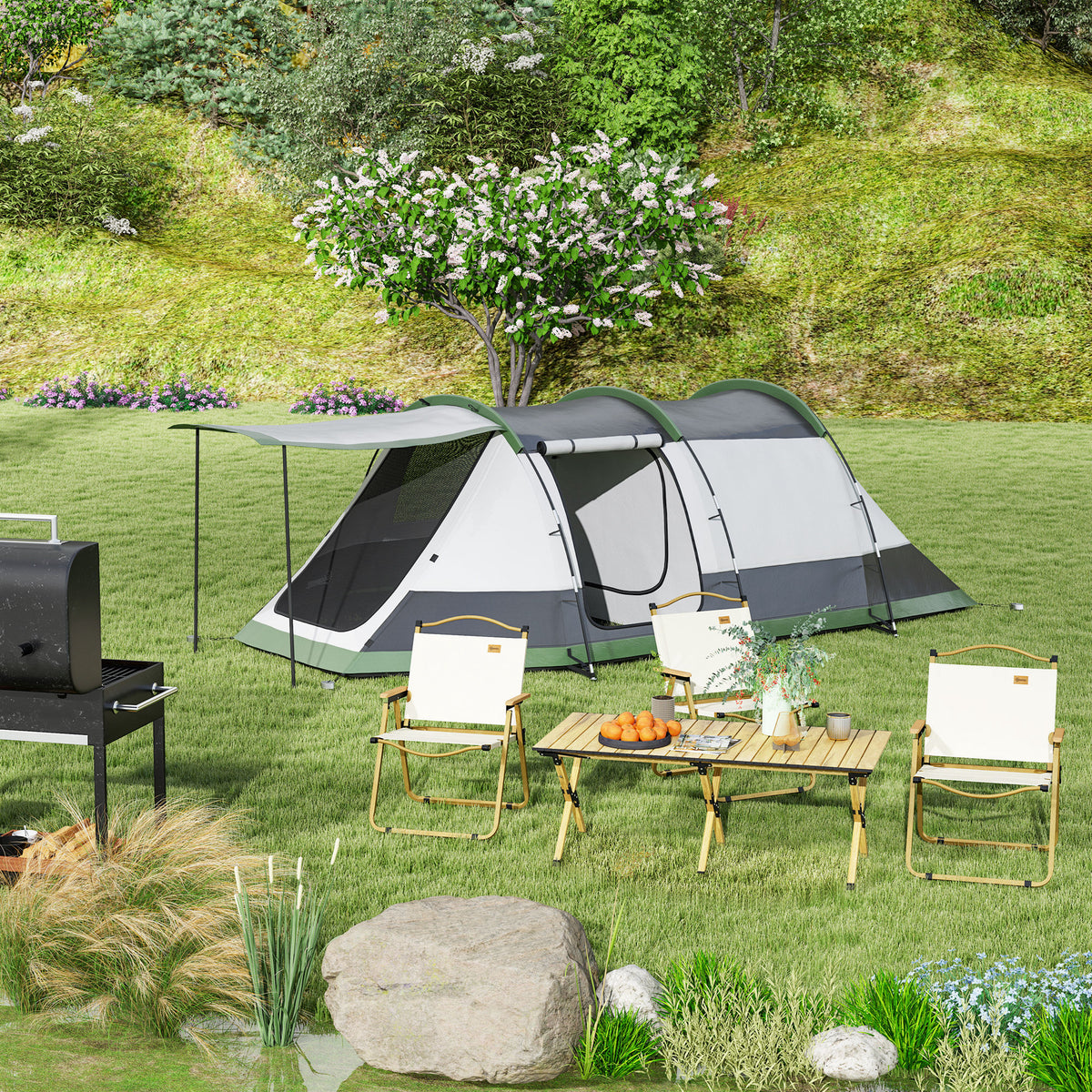 Outsunny Campingtisch Picknicktisch Gartentisch aus Aluminium mit aufrollbarer Platte Naturholzoptik