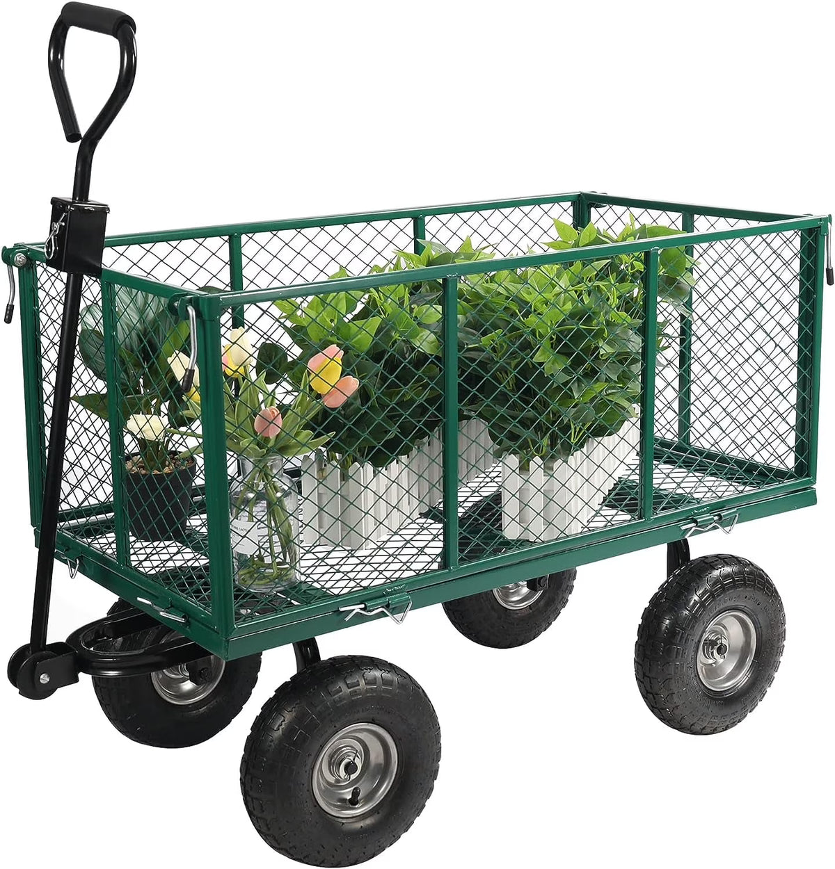 REDCAMP 900 lb Capacity Garden Cart Outdoor Utility Wagon Cart with Wheels Metal Heavy Duty Yard Wagon Flatbed W/ Pocket, Green
