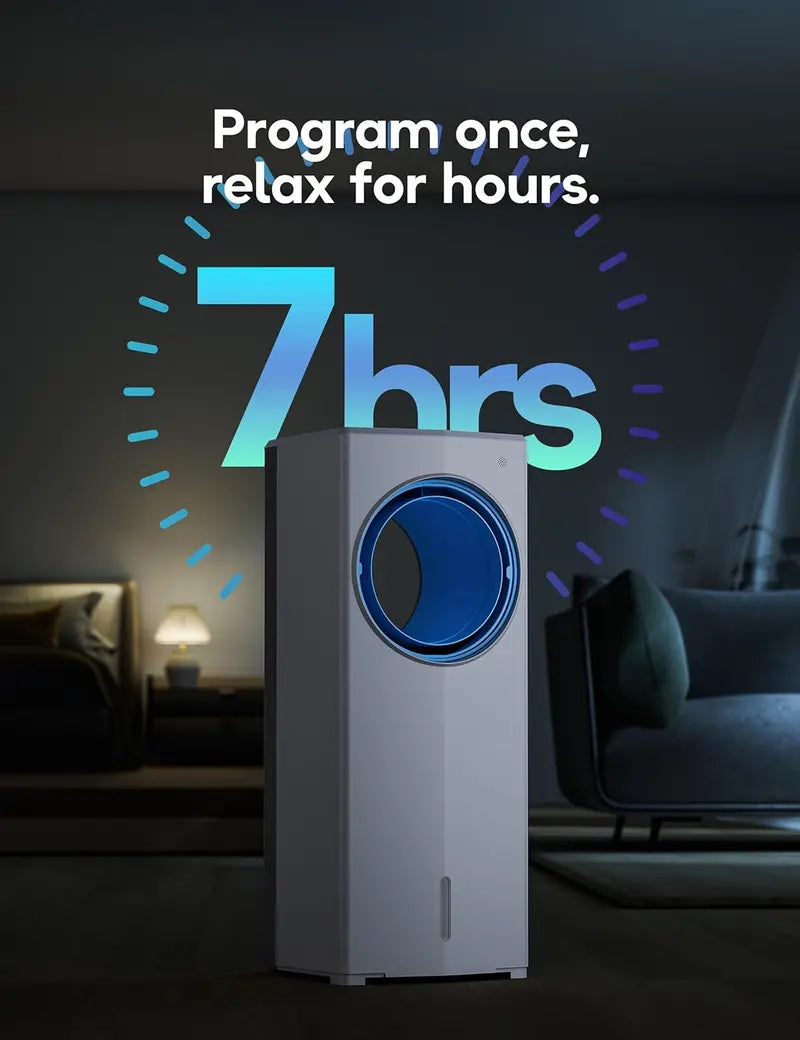 Windowless Evaporative Air Cooler – Compact 26.3″ Portable Unit with 3 Speeds, 4 Modes, 7-Hour Timer, Ice Packs & Remote for Bedroom Use