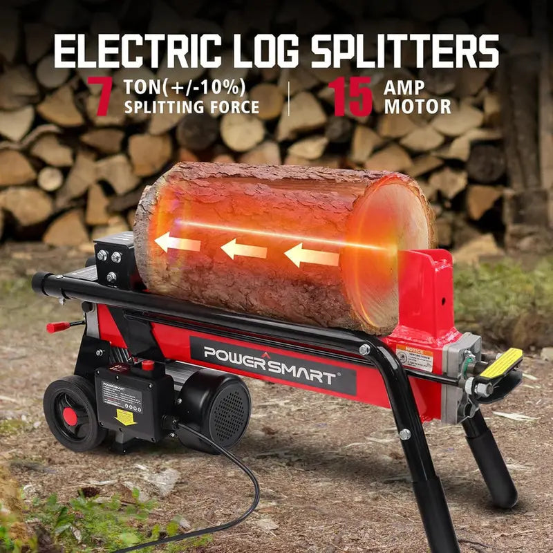 PowerSmart 7-Ton Electric Log Splitter – Horizontal Full-Beam Design with 3500 RPM Motor, Steel Wedge, and 15-Amp Efficiency