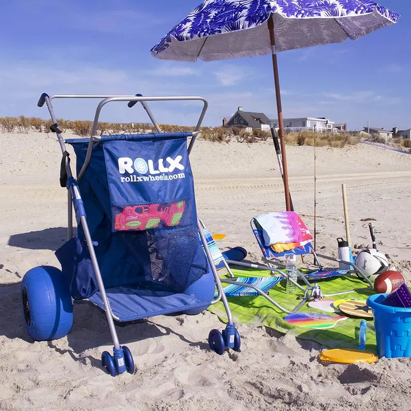 RollX Foldable Beach Cart – 12″ Balloon Tires, Mesh Storage Pockets & Umbrella Holder (Blue)