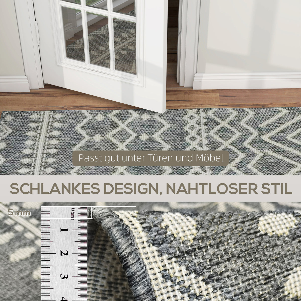 HOMCOM Teppich für drinnen und draußen, Boho-Design, leicht zu reinigen, Grau
