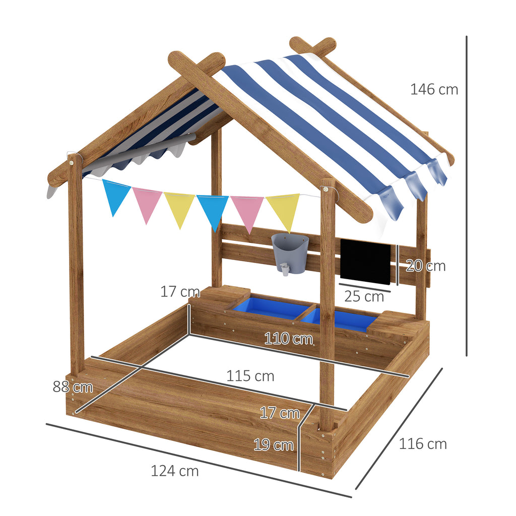 Outsunny Sandkasten mit Sonnenschutz, Spielhaus-Design, mit Spielzeug-Set, behandeltes Massivholz, 124 x 116 x 146 cm, Braun
