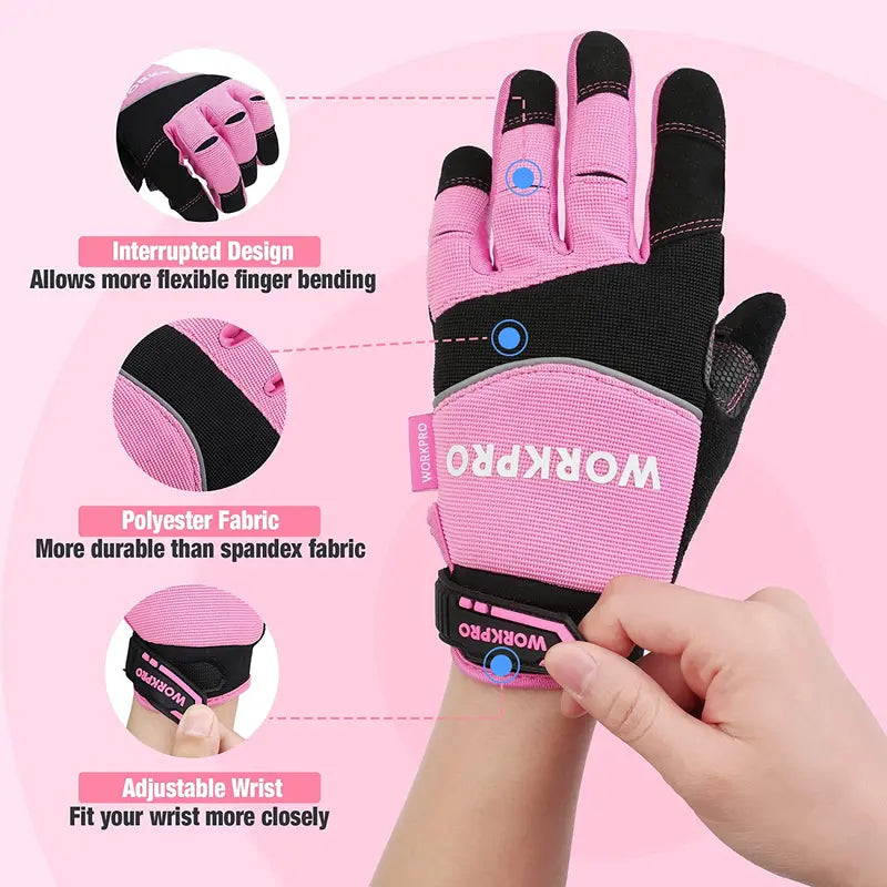 WORKPRO Touchscreen Safety Work Gloves – Terry-Lined, Non-Slip Pink Gloves (M/L)