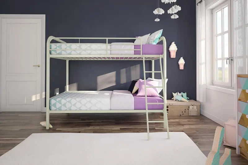 Off-White Twin-Over-Full Metal Bunk Bed – Space-Saving Dorm or Kids' Room Solution by DHP Dusty