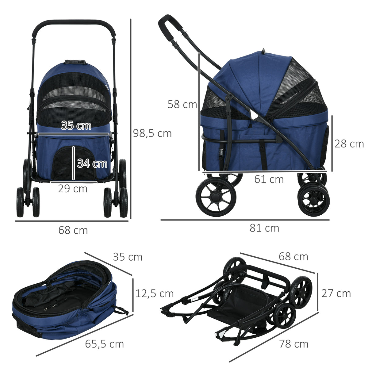 PawHut Hundewagen Hundebuggy bis 10 kg Klappbar Regenschutz, 2 Sicherheitsleinen 81x 68 x 98,5 cm Dunkelblau
