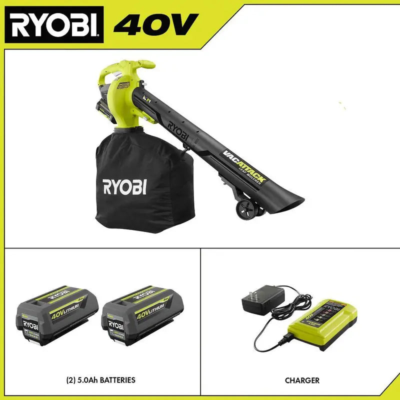 RYOBI RY40451-2B Cordless Leaf Vacuum & Mulcher – 40V, Includes Two 5.0 Ah Batteries and Charger