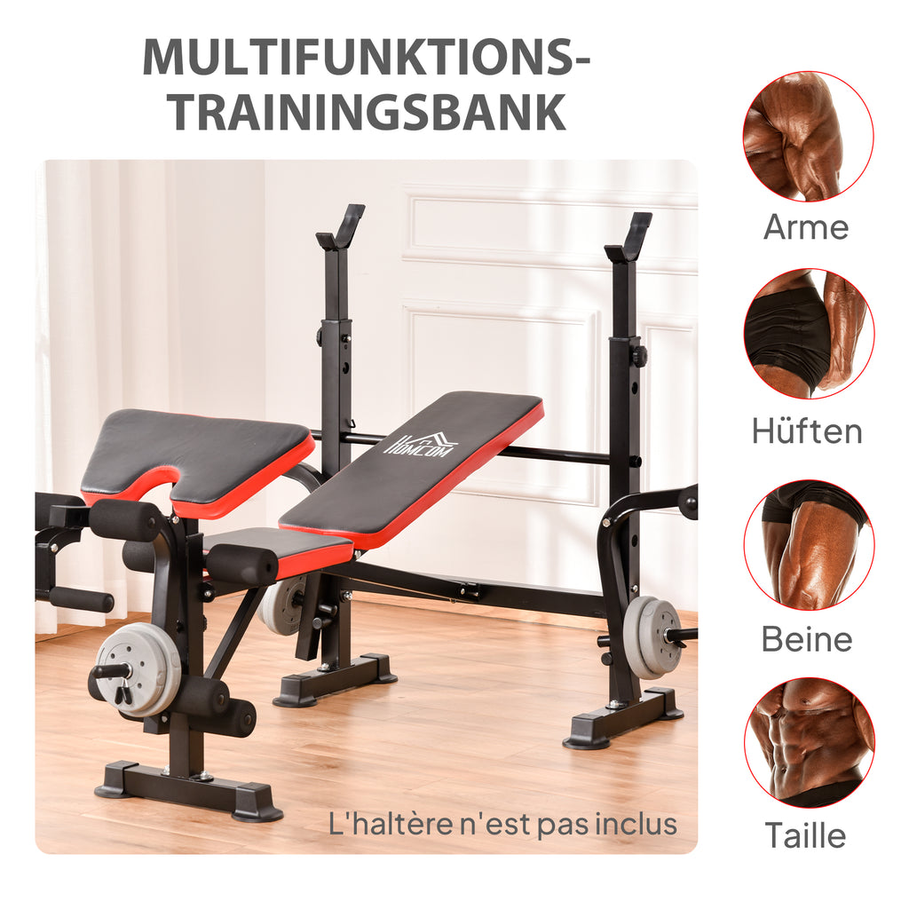 HOMCOM Hantelbank ohne Gewichte, verstellbare Fitnessbank für zahlreiche Übungen,  Workout-Station, Stahl, Kunststoff, Schwarz+Rot