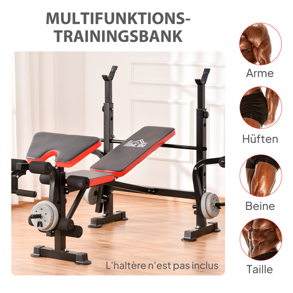 HOMCOM Hantelbank ohne Gewichte, verstellbare Fitnessbank für zahlreiche Übungen,  Workout-Station, Stahl, Kunststoff, Schwarz+Rot