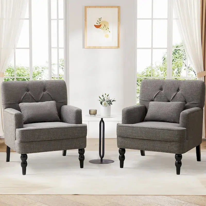 Set of 2 Tufted Accent Armchairs – Button-Down Upholstery with Lumbar Support Pillow (Beige/Grey/Light Blue)