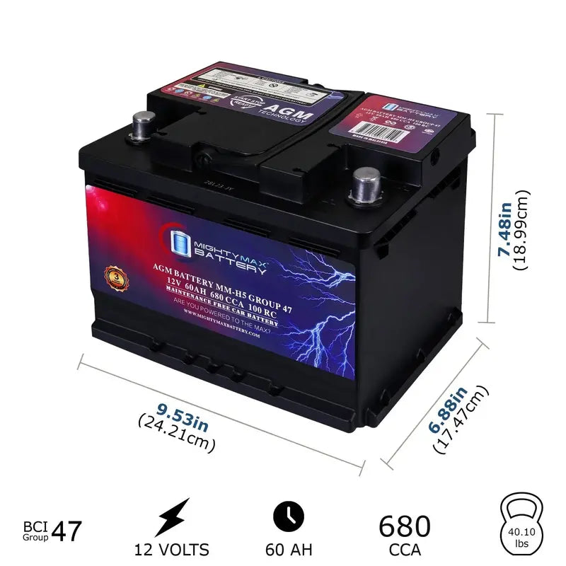 MM-H5 AGM Automotive Battery – 12V, 60Ah, 100RC, 680 CCA, Group Size 47