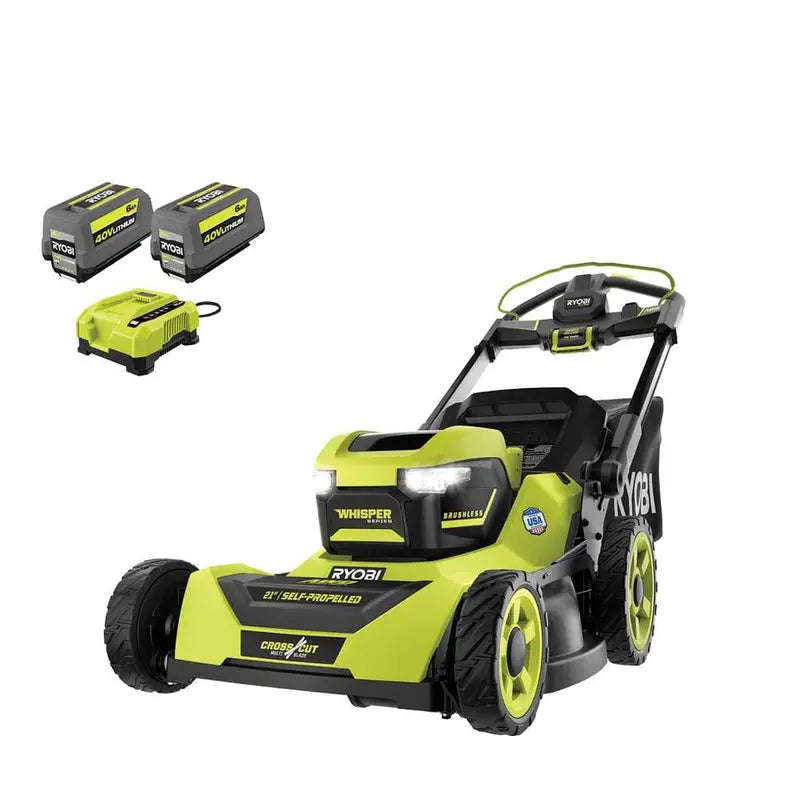 Ryobi 40V HP Self-Propelled AWD Lawn Mower – 21-Inch Whisper Series Cordless Mower with Two 6.0Ah Batteries & Charger