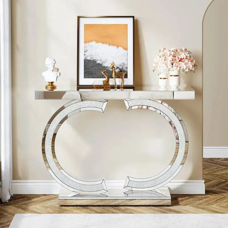 Silver Mirror-Fronted Console Table – 39-Inch Entryway or Hallway Accent Piece