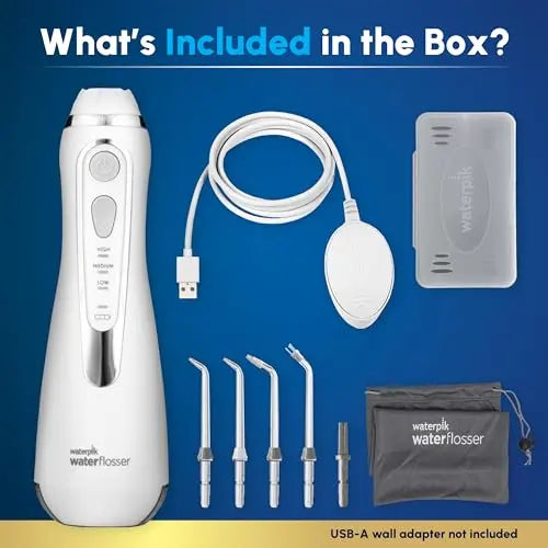 Waterpik Cordless Advanced 2.0 Water Flosser – White WP-580, ADA Accepted, Travel Bag, 4 Tips, Rechargeable, Waterproof