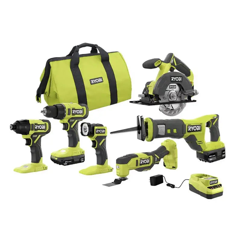 RYOBI ONE+ 18V 6-Tool Cordless Combo Kit – Drill, Impact Driver, Saw, Multi-Tool, and LED Work Light
