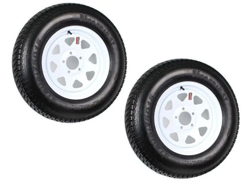 Pair of ST205/75D15 Trailer Tires Mounted on 15-Inch White-Spoked Rims (Load Range C)