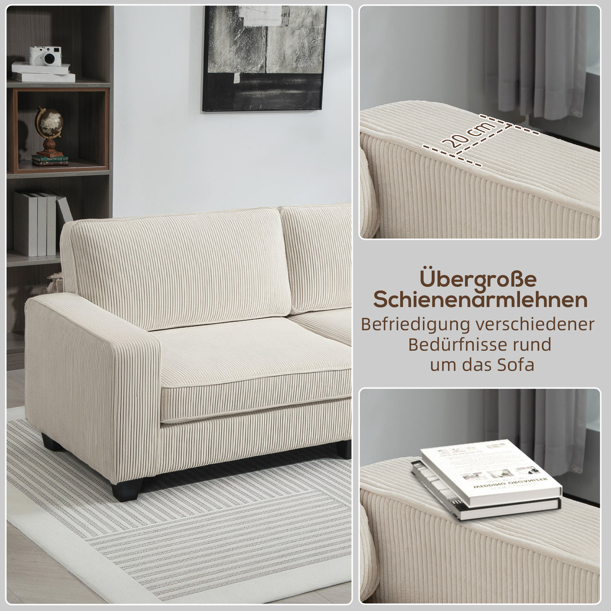 HOMCOM 3-Sitzer Sofa mit Cordbezug, Wohnzimmersofa mit Federkern, bis 400 kg, 227 x 84 x 87 cm, Cremeweiß