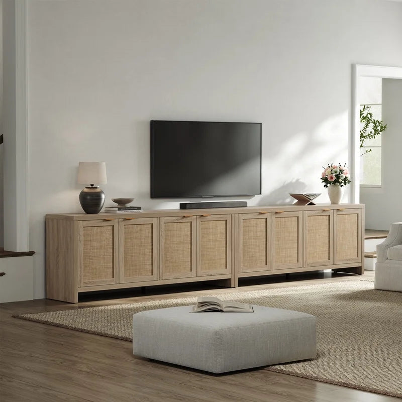 SICOTAS 61.5"w Rattan TV Stand with 4 Doors, Boho Entertainment Center with Adjustable Shelves & Spacious Countertop - Large Boho Farmhouse Media Console for Living Room, Reclaimed Caramel Oak
