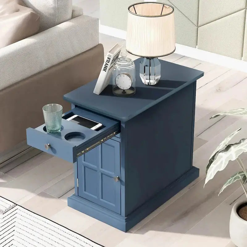 Retro-Style End Table with USB Charging Ports and Multi-Use Drawer Featuring Built-in Cup Holders