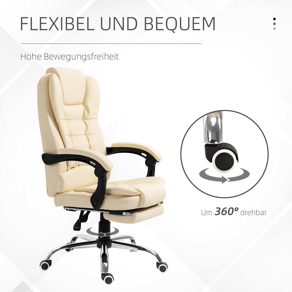HOMCOM Bürostuhl mit Fußstütze, Schreibtischstuhl, verstellbare Rückenlehne, höhenverstellbar, Creme + Schwarz + Silber