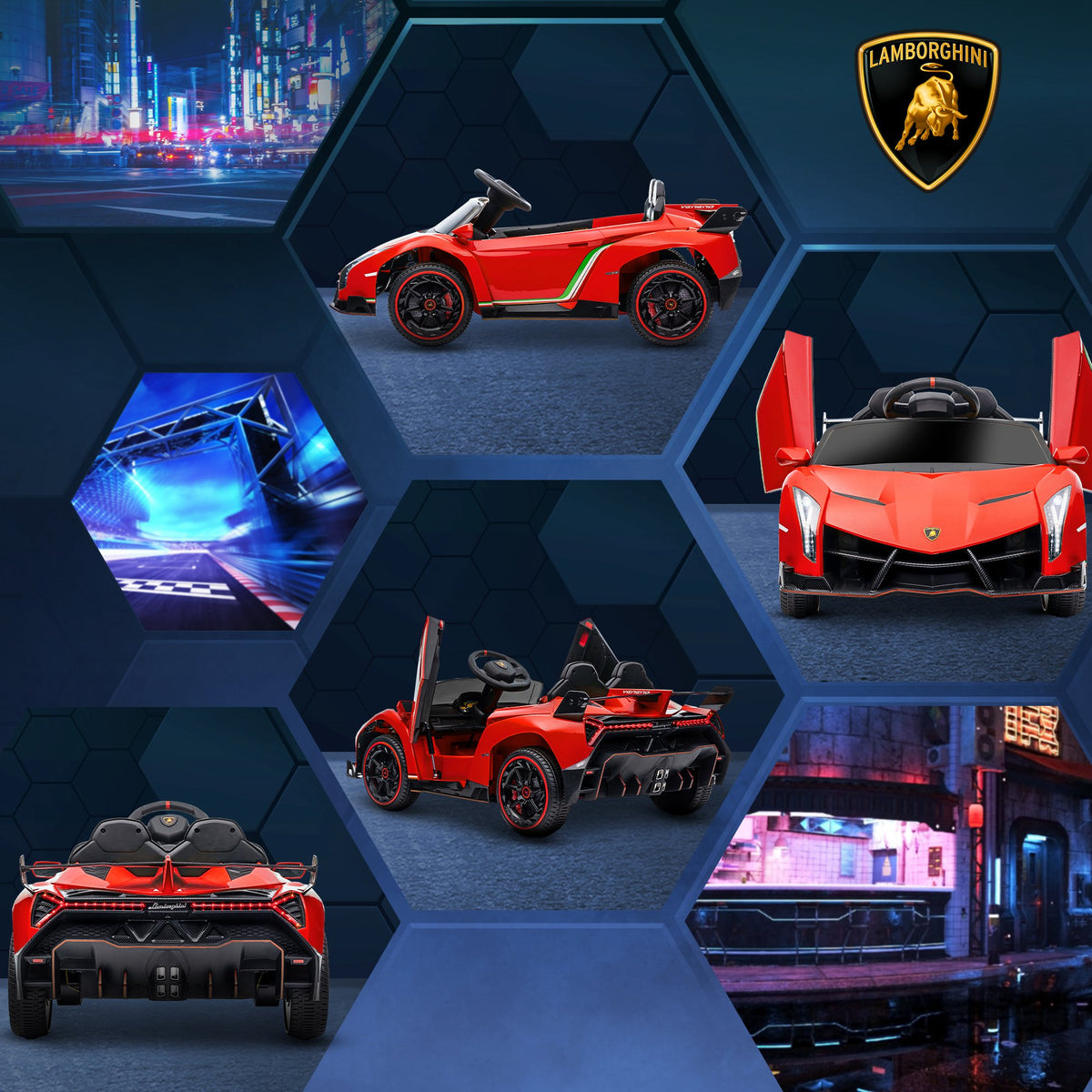 HOMCOM Elektroauto Lamborghini Veneno 12V Lizenz für Kinder mit Flügeltüren Fernbedienung Musik Rot