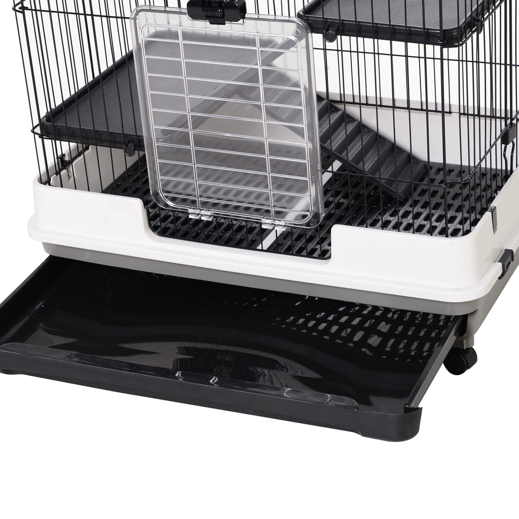 PawHut Kleintierkäfig mit 4 Räder Käfig 3 Öffnungen 2 Plattformen Metall Schwarz 81,2 cm x 52,7 cm x 110 cm