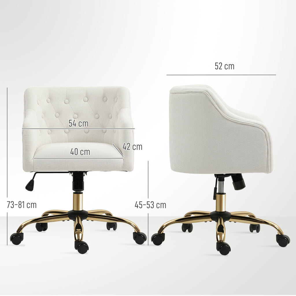 HOMCOM Gepolsterter Bürostuhl, Schreibtischstuhl in Leinenoptik, goldfarbene Beine, höhenverstellbar, Beige