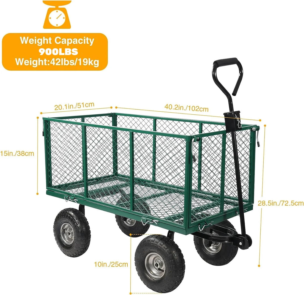 REDCAMP 900 lb Capacity Garden Cart Outdoor Utility Wagon Cart with Wheels Metal Heavy Duty Yard Wagon Flatbed W/ Pocket, Green