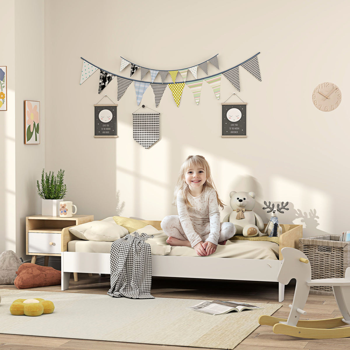 AIYAPLAY Kinderbett Bett mit Lattenrost mit hohen Seitenteilen niedriges Design aus Holz 143,5 x 74 x 40 cm Weiß