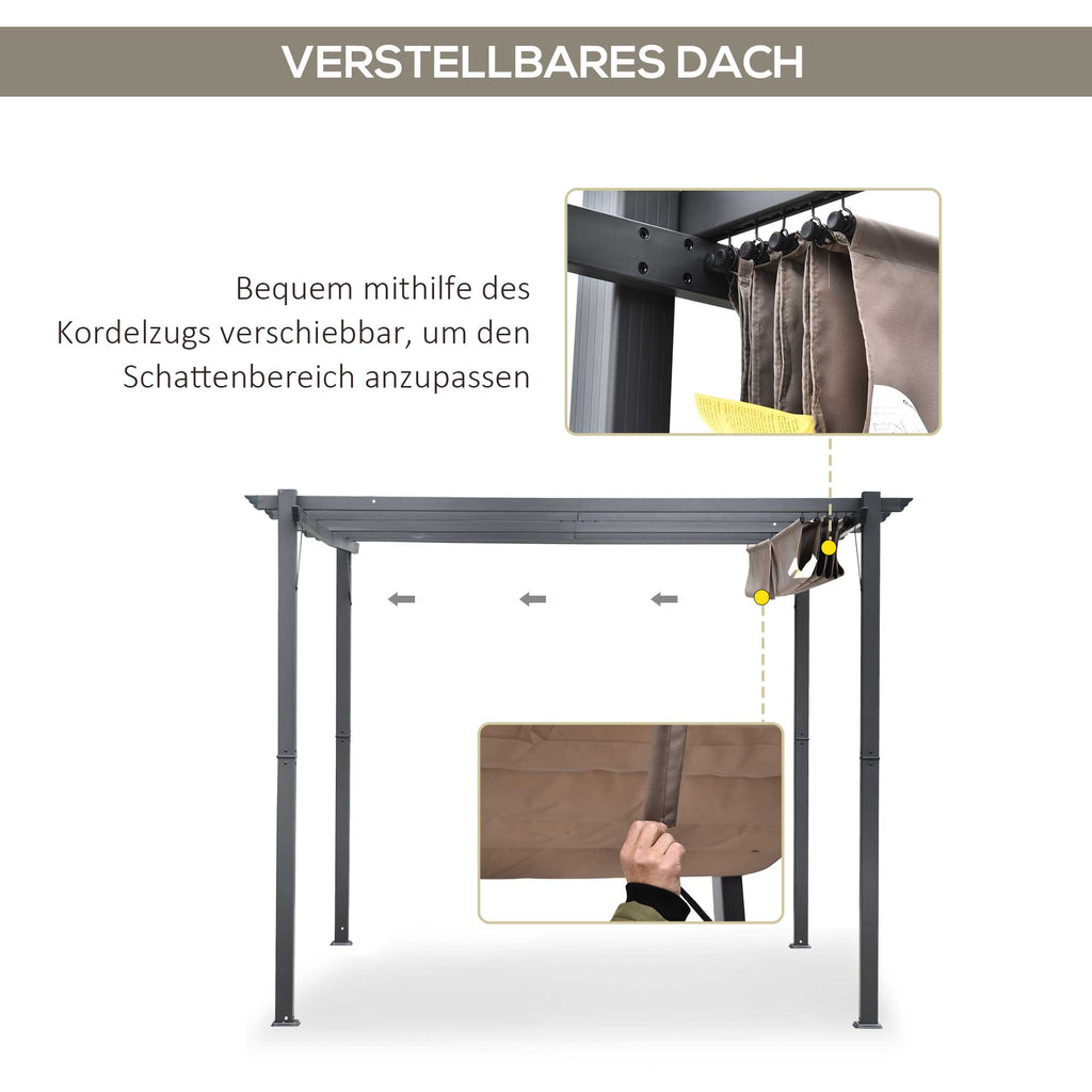 Outsunny Pergola Pavillon Terrassenüberdachung mit Schiebedach Garten Alu Kohlegrau+Kaffeebraun 3x3x2,23 m