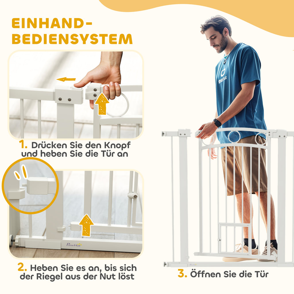 PawHut Haustiertor, 96 cm Treppengatter, verstellbare Breite 76-104 cm, mit Katzentür, für Treppen und Türöffnungen, Weiß