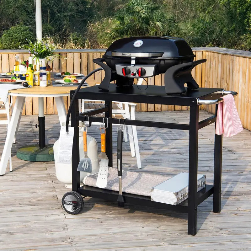 Royal Gourmet Stainless Steel Mobile Dining Cart with Double Shelves, Hooks & Side Handle – Multifunctional Grill Stand (PC3401B, Black)