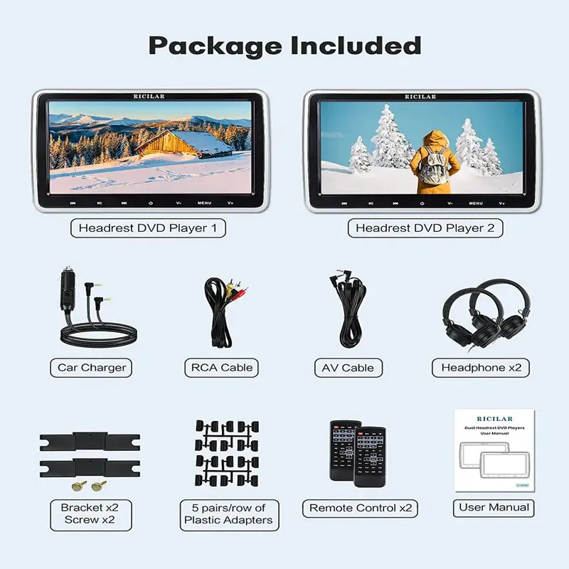 RICILAR Premium 10.5  Dual Screen Portable DVD Player for Car, Black ( 2 x DVD Player .Non-built-in battery )