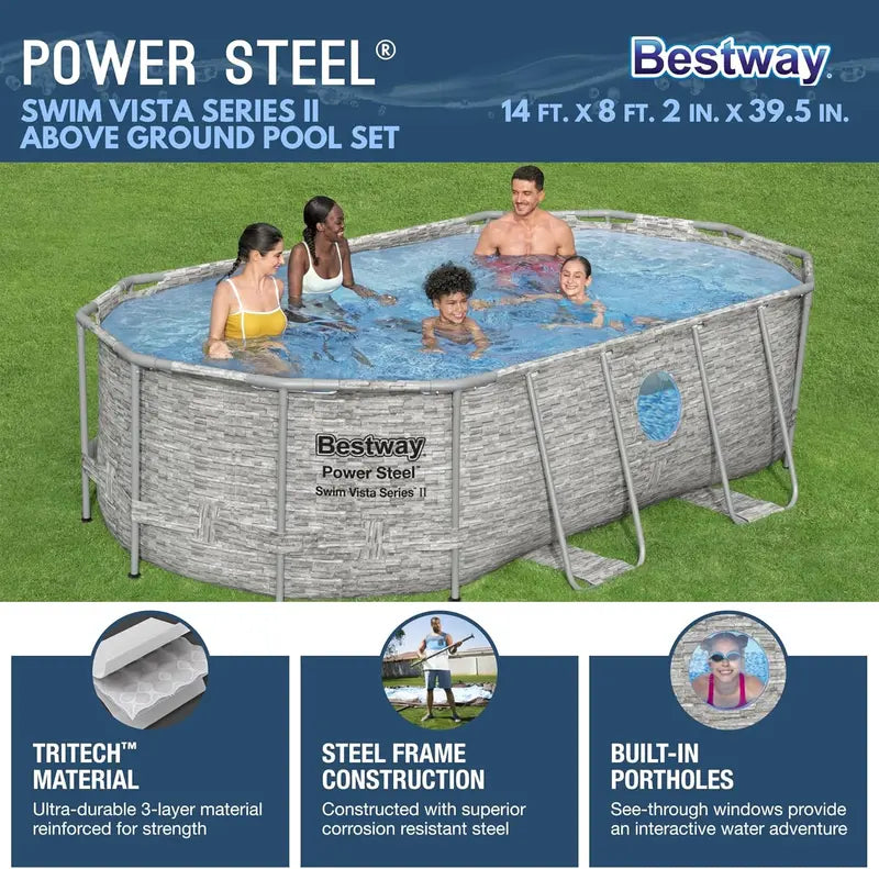 Power Steel Swim Vista II Above-Ground Pool – 14′ x 8'2″, 39.5″ Depth, Includes Filter Pump, Ladder & Pool Cover