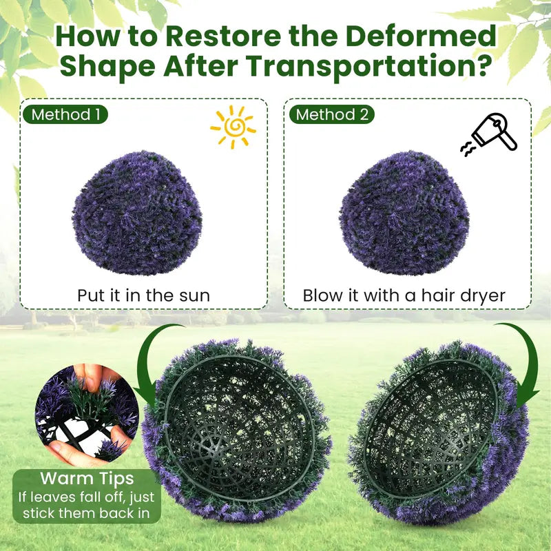 Pair of 15-Inch Artificial Lavender Topiary Balls – Lifelike Round Faux Plants for Indoor or Outdoor Display
