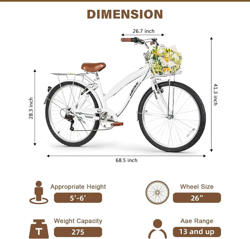 WEIZE 26″ Beach Cruiser Bike – 7-Speed Commuter Bicycle with Fenders, Rear Rack, Ergonomic Upright Frame & Comfort Saddle