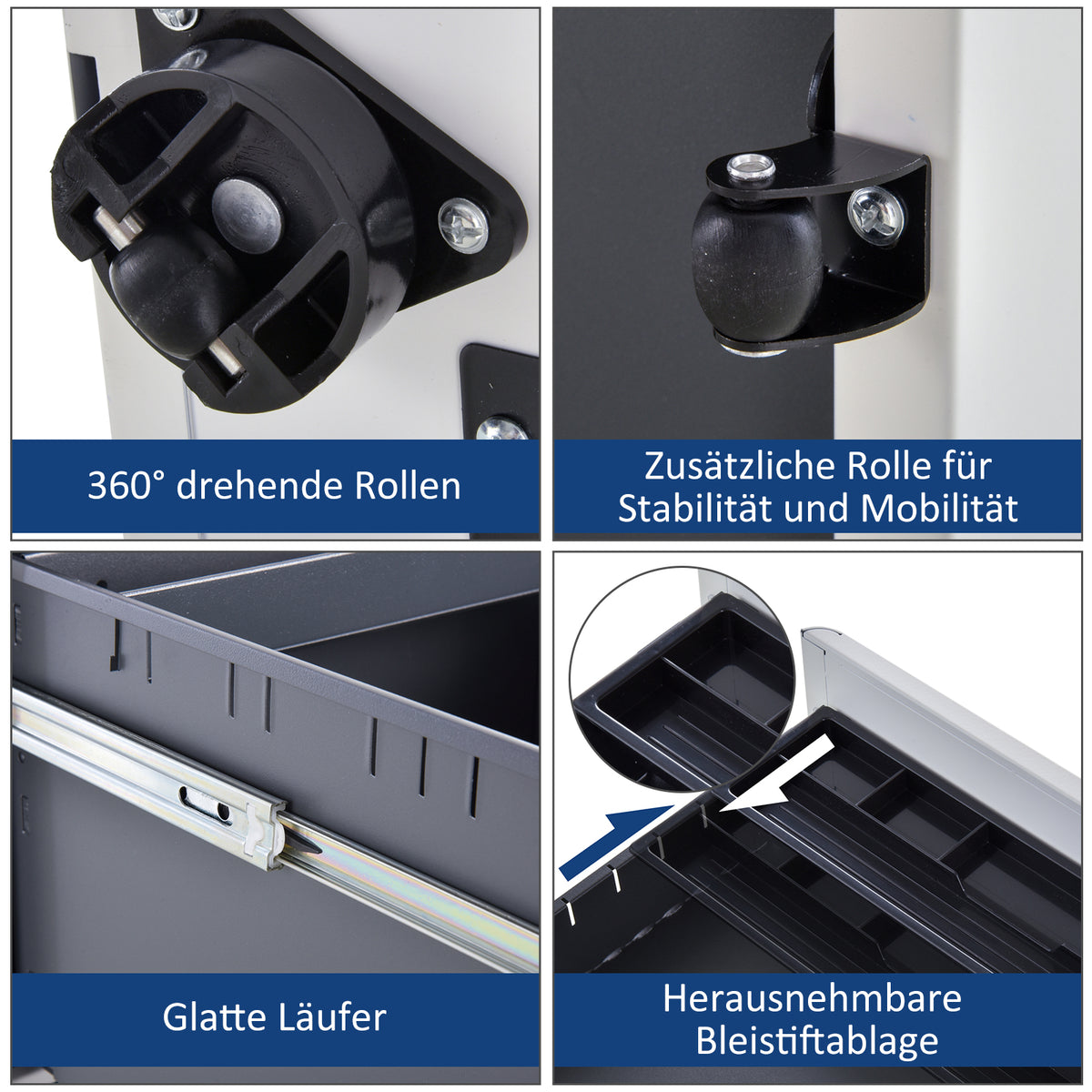 Vinsetto Rollcontainer, mobiler Aktenschrank mit 3 Schubladen, abschließbarer Büroschrank mit Hängeregistratur, Aufbewahrung, Stahl, 39 x 48 x 59 cm Weiß