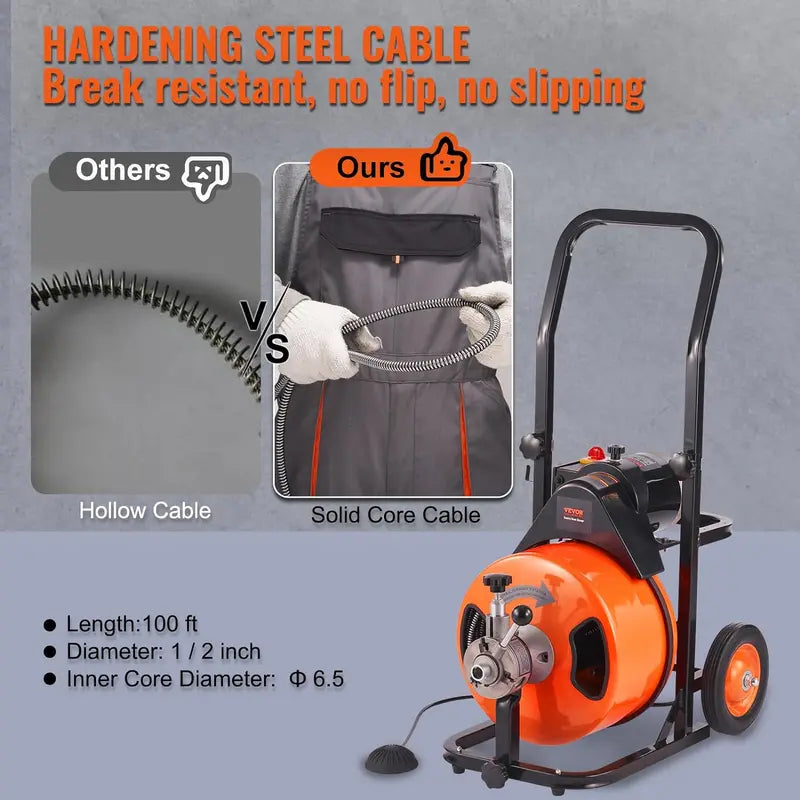 Vevor Drain Cleaner Machine 100FT x 1/2 Inch, Auto Feed Sewer Snake with 4 Cutters & Foot Switch, Orange/Black