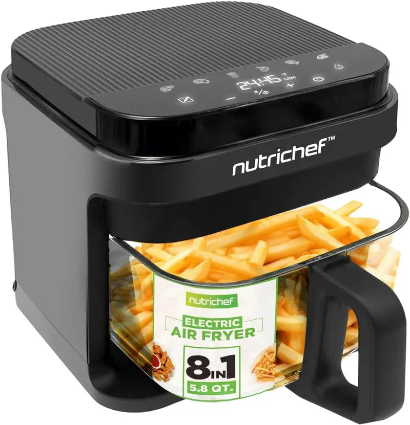 Nutrichef 5.8QT Transparent Air Fryer – 8-Preset Digital Cooker with Clear Fry Bowl