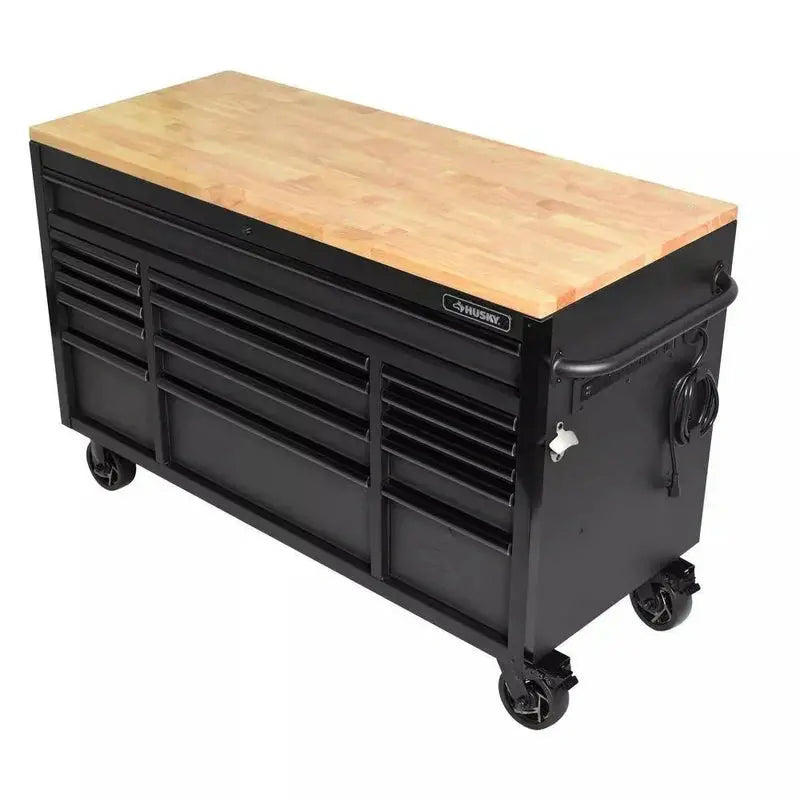 Premium 61″ Workshop Workbench – Heavy-Duty 15-Drawer Mobile Unit Featuring Solid Wood Worktop