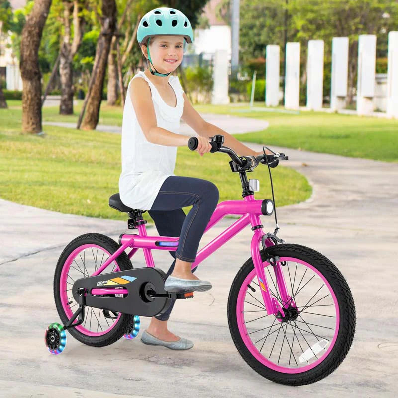 16/18 Inch LED Lighted Kids Bike with Training Wheels, Headlight, Adjustable Seat & Dual Brakes, Children Bicycle for Ages 4-8 Years