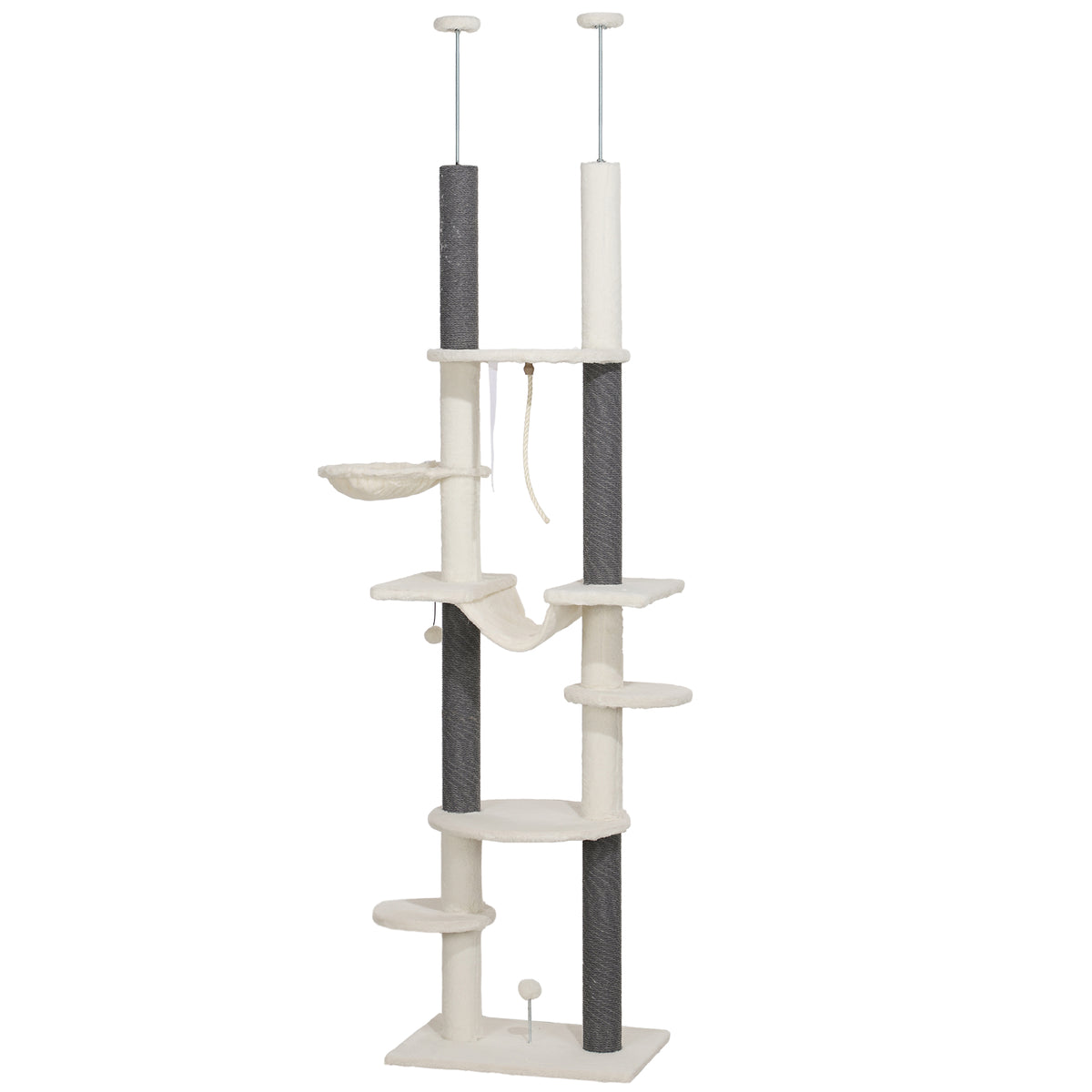 PawHut Kratzbaum, deckenhoch, verstellbar 225-255 cm, Plattformen & Hängematten, Kippschutz, Weiß