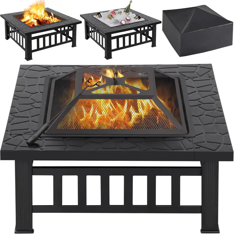 Yaheetech 32-Inch Square Fire Pit Table – Multifunctional Outdoor Heating Unit for Patios, Gardens, Camping & Picnics