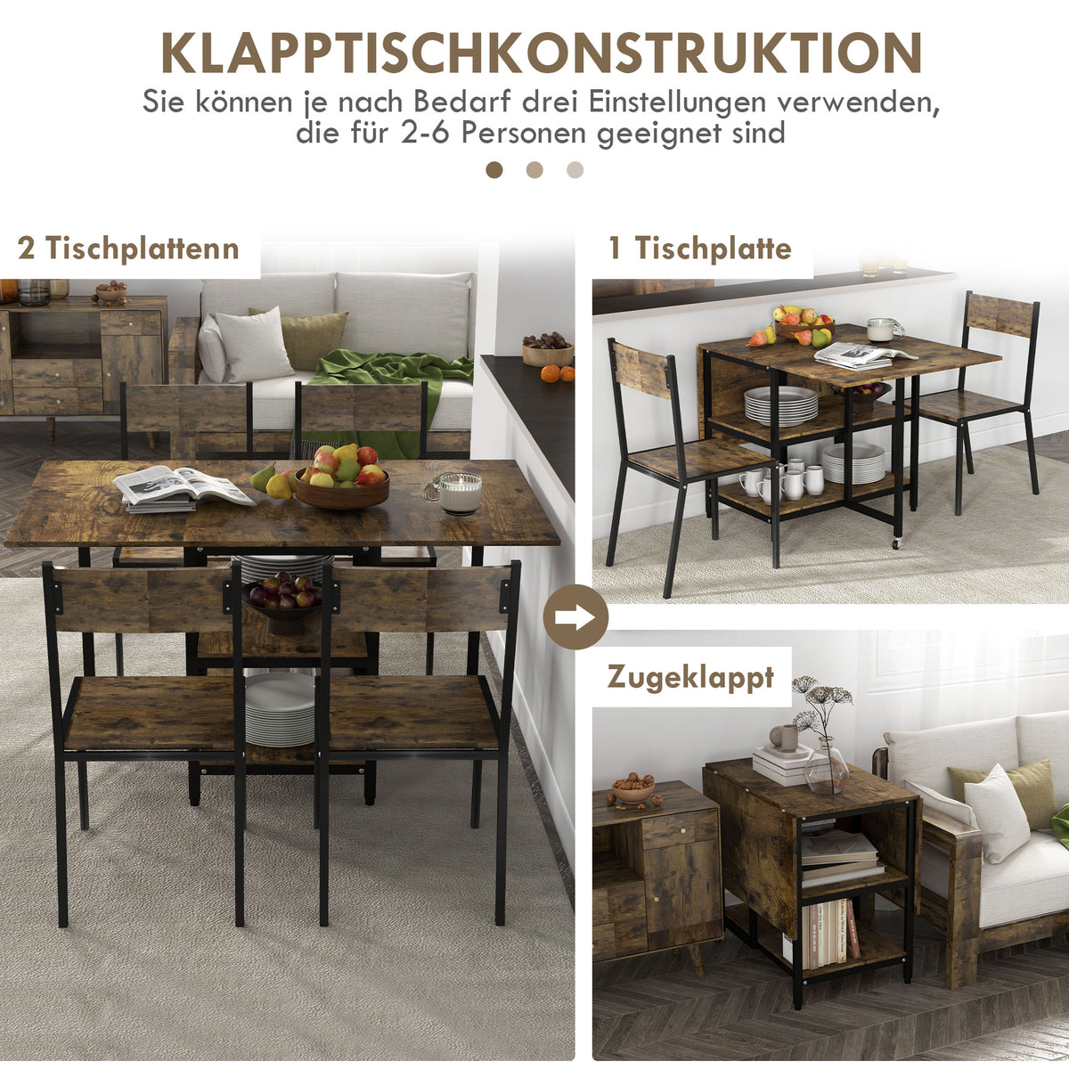 HOMCOM Esstisch Klapptisch klappbarer Esstisch, Industriedesign, 140 cm x 80 cm x 75 cm, Braun + Schwarz