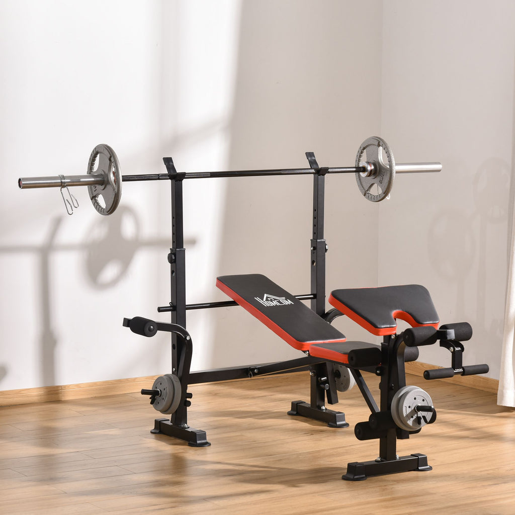 HOMCOM Hantelbank ohne Gewichte, verstellbare Fitnessbank für zahlreiche Übungen,  Workout-Station, Stahl, Kunststoff, Schwarz+Rot