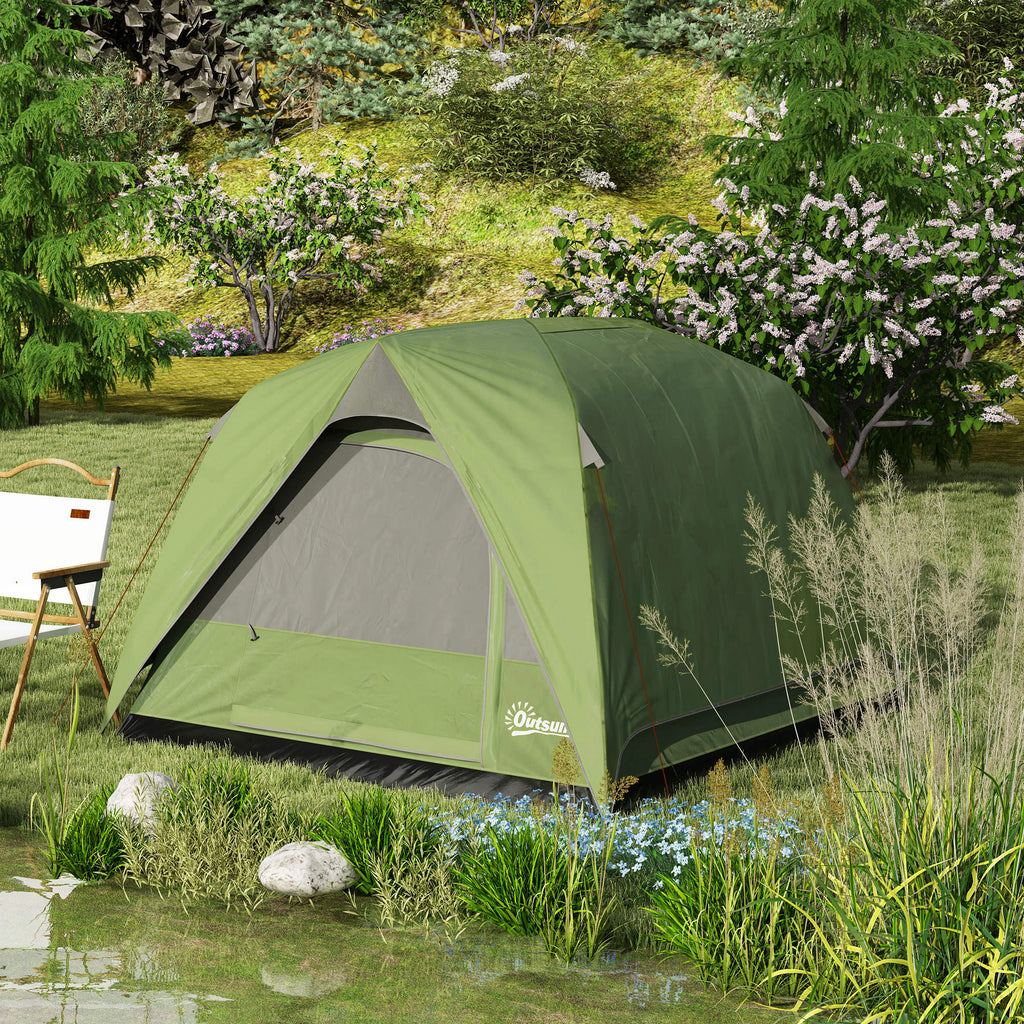 Outsunny Campingzelt 2-4 Personen, Familien-Domzelt wasserdicht, mit Fenstern, Tasche, Tragetasche Olivgrün