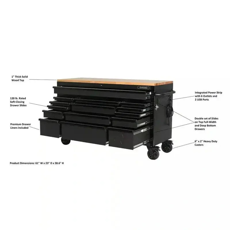 Premium 61″ Workshop Workbench – Heavy-Duty 15-Drawer Mobile Unit Featuring Solid Wood Worktop