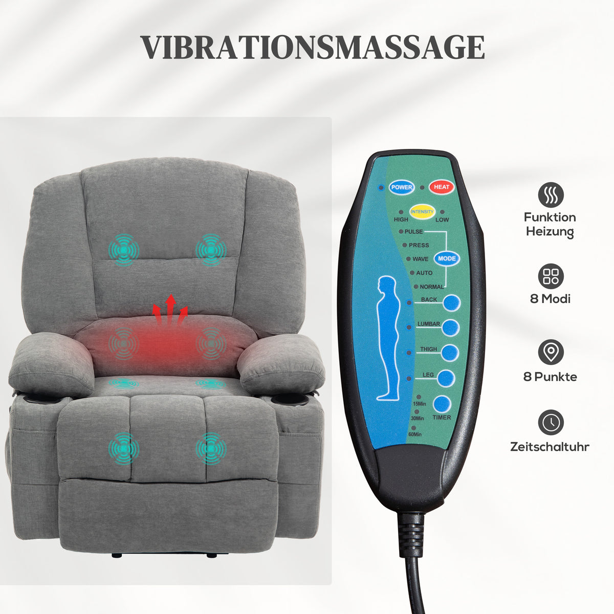 HOMCOM Elektrischer Relaxsessel mit Aufstehhilfe, Massagesessel mit Wärmefunktionen, 2 Fernbedienungen, weicher Schaumstoff