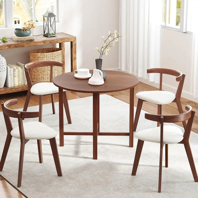 Walnut Round Drop-Leaf Dining Table – Extendable Farmhouse Table for 2–4, Solid Wood Legs