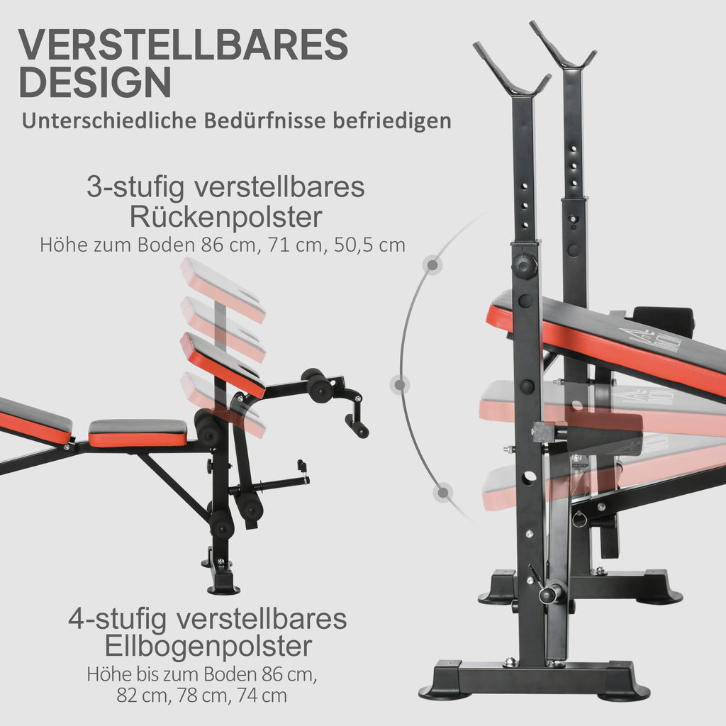 HOMCOM Hantelbank ohne Gewichte, verstellbare Fitnessbank für zahlreiche Übungen,  Workout-Station, Stahl, Kunststoff, Schwarz+Rot